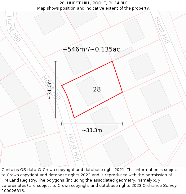 28, HURST HILL, POOLE, BH14 8LF: Plot and title map