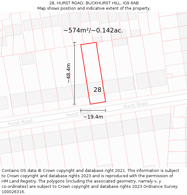 28, HURST ROAD, BUCKHURST HILL, IG9 6AB: Plot and title map