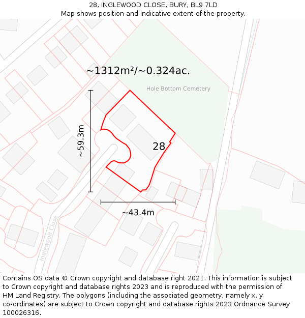 28, INGLEWOOD CLOSE, BURY, BL9 7LD: Plot and title map