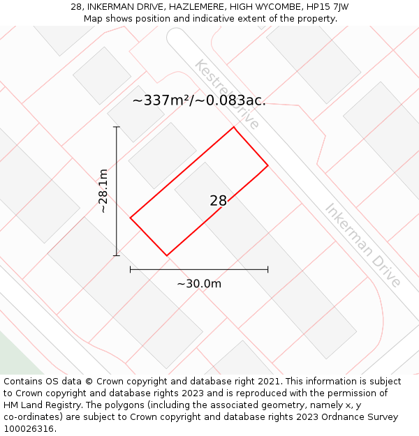 28, INKERMAN DRIVE, HAZLEMERE, HIGH WYCOMBE, HP15 7JW: Plot and title map