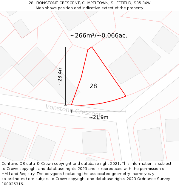 28, IRONSTONE CRESCENT, CHAPELTOWN, SHEFFIELD, S35 3XW: Plot and title map