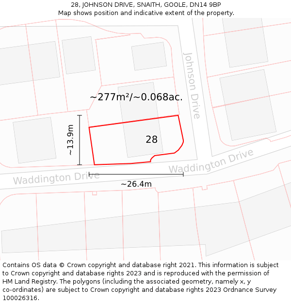 28, JOHNSON DRIVE, SNAITH, GOOLE, DN14 9BP: Plot and title map