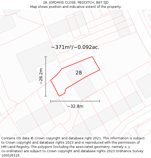 28, JORDANS CLOSE, REDDITCH, B97 5JD: Plot and title map