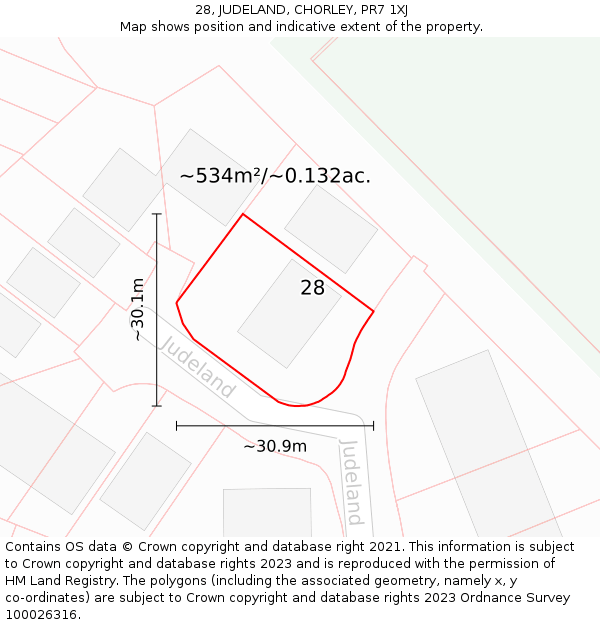 28, JUDELAND, CHORLEY, PR7 1XJ: Plot and title map