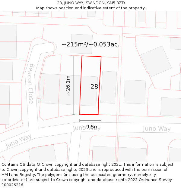 28, JUNO WAY, SWINDON, SN5 8ZD: Plot and title map