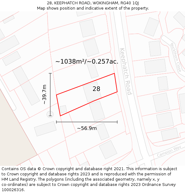 28, KEEPHATCH ROAD, WOKINGHAM, RG40 1QJ: Plot and title map