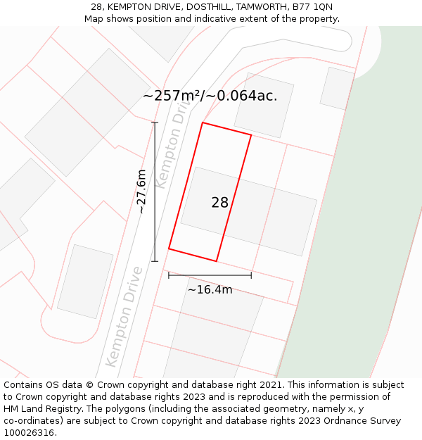 28, KEMPTON DRIVE, DOSTHILL, TAMWORTH, B77 1QN: Plot and title map