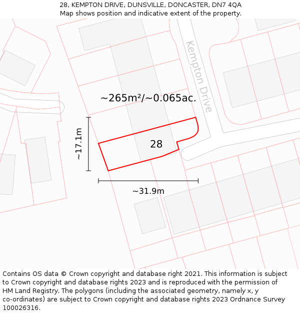 28, KEMPTON DRIVE, DUNSVILLE, DONCASTER, DN7 4QA: Plot and title map