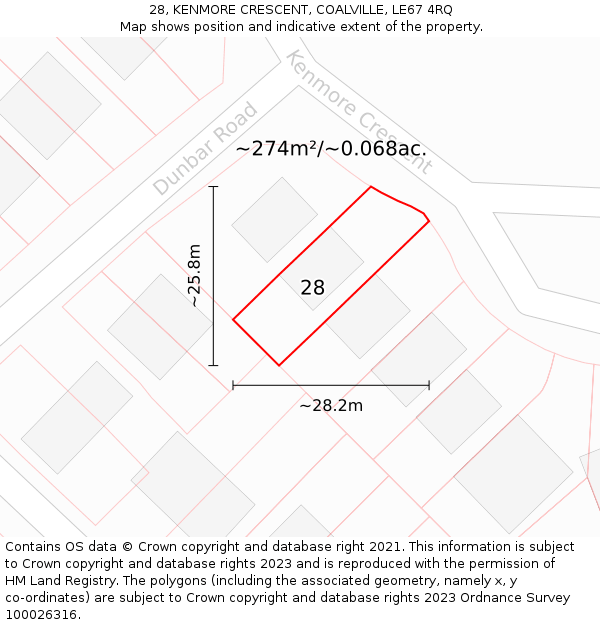 28, KENMORE CRESCENT, COALVILLE, LE67 4RQ: Plot and title map