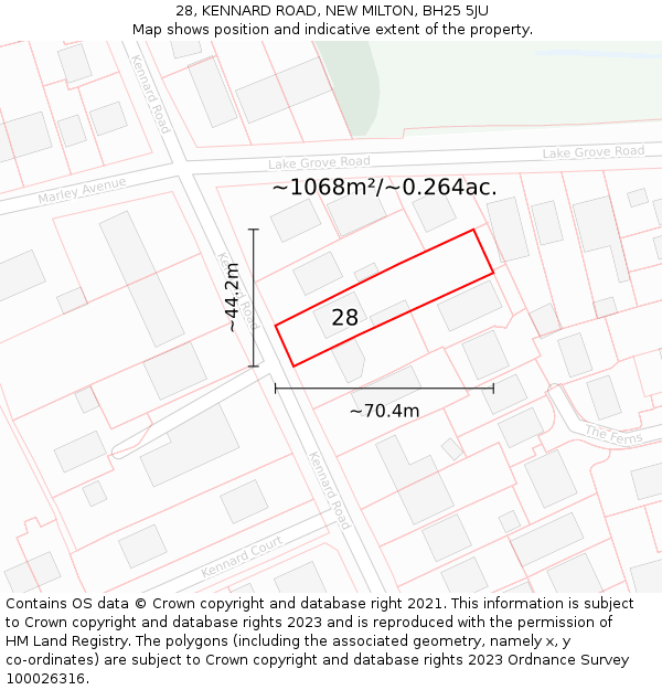 28, KENNARD ROAD, NEW MILTON, BH25 5JU: Plot and title map