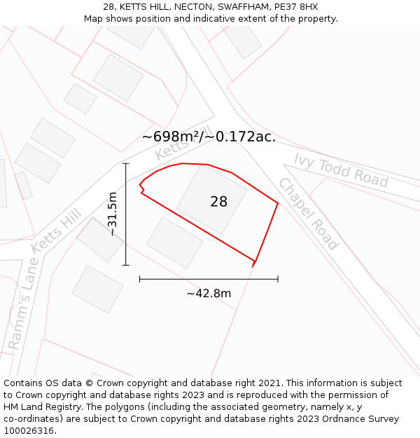 28, KETTS HILL, NECTON, SWAFFHAM, PE37 8HX: Plot and title map