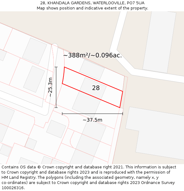 28, KHANDALA GARDENS, WATERLOOVILLE, PO7 5UA: Plot and title map