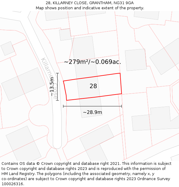 28, KILLARNEY CLOSE, GRANTHAM, NG31 9GA: Plot and title map