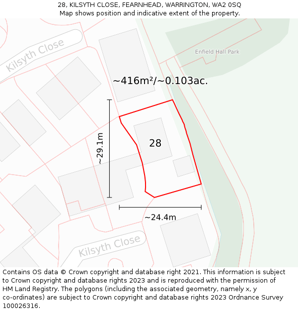 28, KILSYTH CLOSE, FEARNHEAD, WARRINGTON, WA2 0SQ: Plot and title map