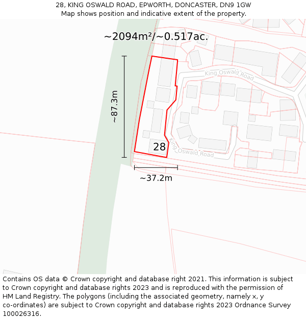 28, KING OSWALD ROAD, EPWORTH, DONCASTER, DN9 1GW: Plot and title map