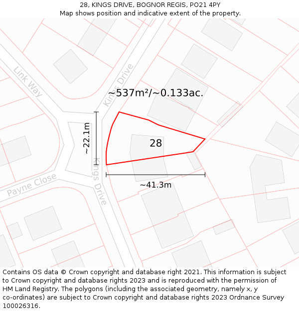 28, KINGS DRIVE, BOGNOR REGIS, PO21 4PY: Plot and title map