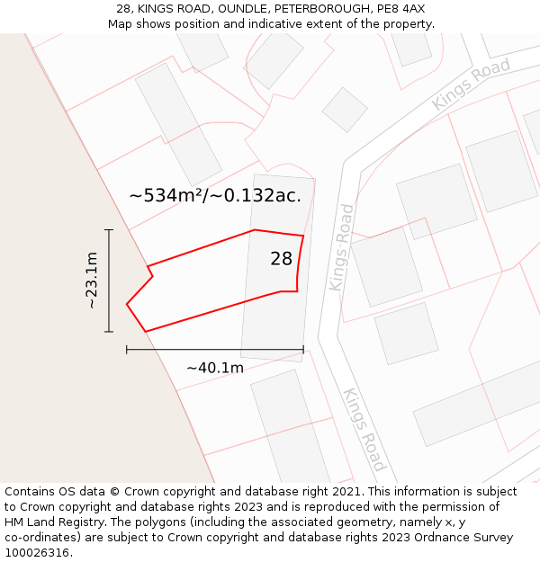 28, KINGS ROAD, OUNDLE, PETERBOROUGH, PE8 4AX: Plot and title map