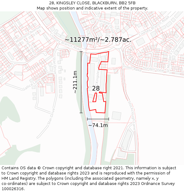 28, KINGSLEY CLOSE, BLACKBURN, BB2 5FB: Plot and title map