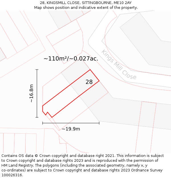 28, KINGSMILL CLOSE, SITTINGBOURNE, ME10 2AY: Plot and title map