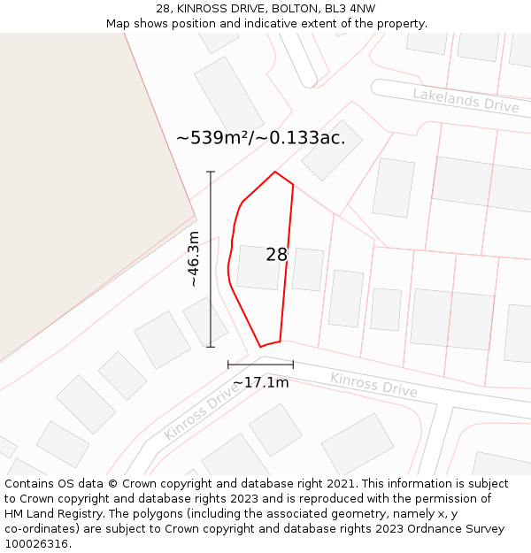 28, KINROSS DRIVE, BOLTON, BL3 4NW: Plot and title map