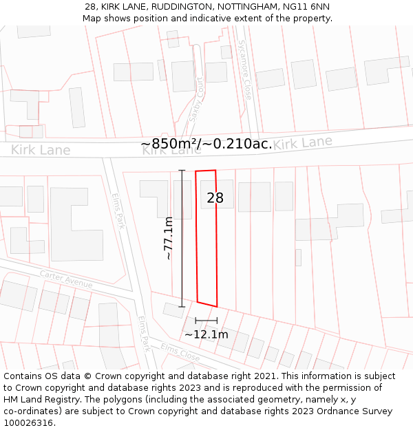 28, KIRK LANE, RUDDINGTON, NOTTINGHAM, NG11 6NN: Plot and title map