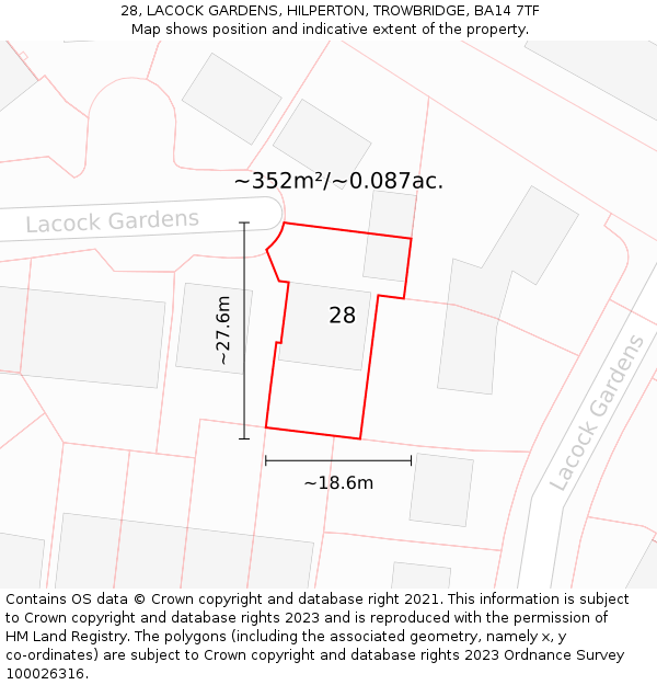 28, LACOCK GARDENS, HILPERTON, TROWBRIDGE, BA14 7TF: Plot and title map