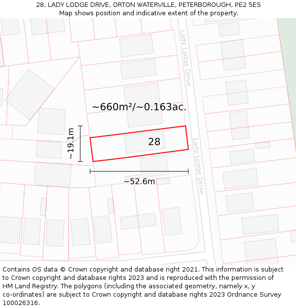 28, LADY LODGE DRIVE, ORTON WATERVILLE, PETERBOROUGH, PE2 5ES: Plot and title map