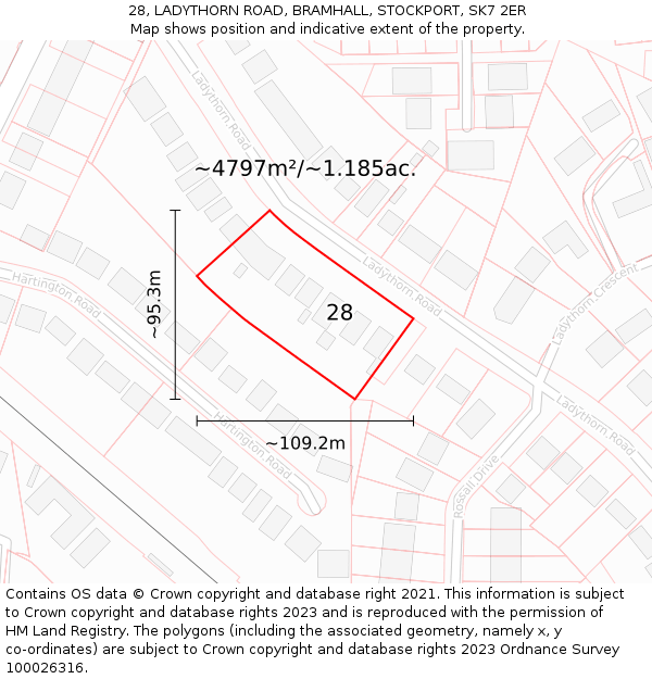 28, LADYTHORN ROAD, BRAMHALL, STOCKPORT, SK7 2ER: Plot and title map