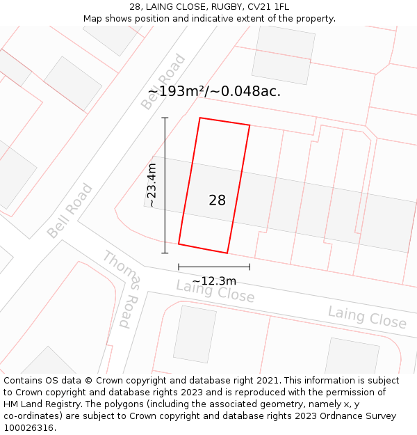 28, LAING CLOSE, RUGBY, CV21 1FL: Plot and title map