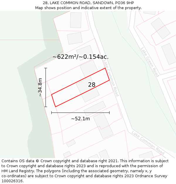 28, LAKE COMMON ROAD, SANDOWN, PO36 9HP: Plot and title map