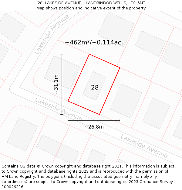 28, LAKESIDE AVENUE, LLANDRINDOD WELLS, LD1 5NT: Plot and title map