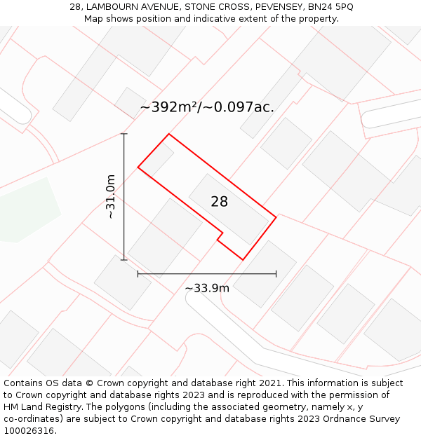 28, LAMBOURN AVENUE, STONE CROSS, PEVENSEY, BN24 5PQ: Plot and title map