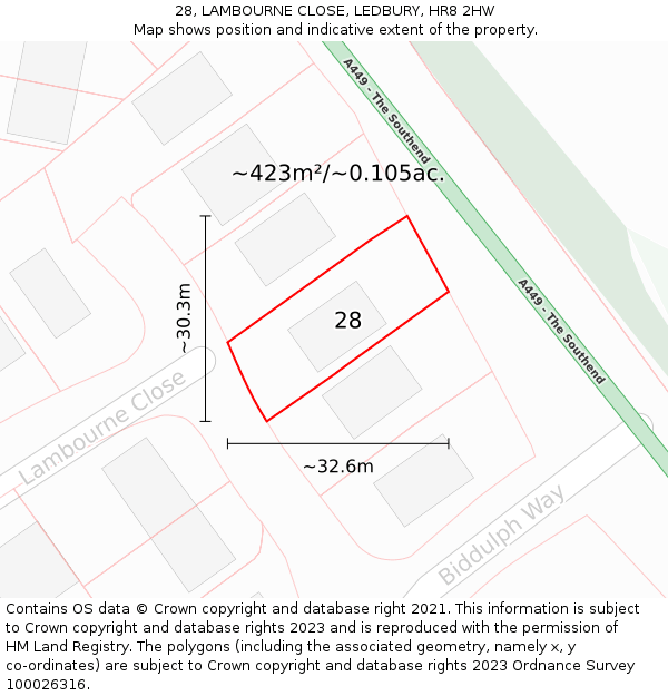 28, LAMBOURNE CLOSE, LEDBURY, HR8 2HW: Plot and title map