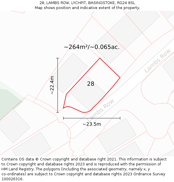 28, LAMBS ROW, LYCHPIT, BASINGSTOKE, RG24 8SL: Plot and title map