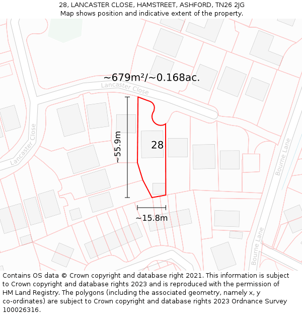 28, LANCASTER CLOSE, HAMSTREET, ASHFORD, TN26 2JG: Plot and title map