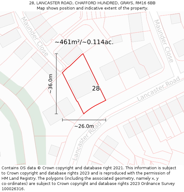 28, LANCASTER ROAD, CHAFFORD HUNDRED, GRAYS, RM16 6BB: Plot and title map