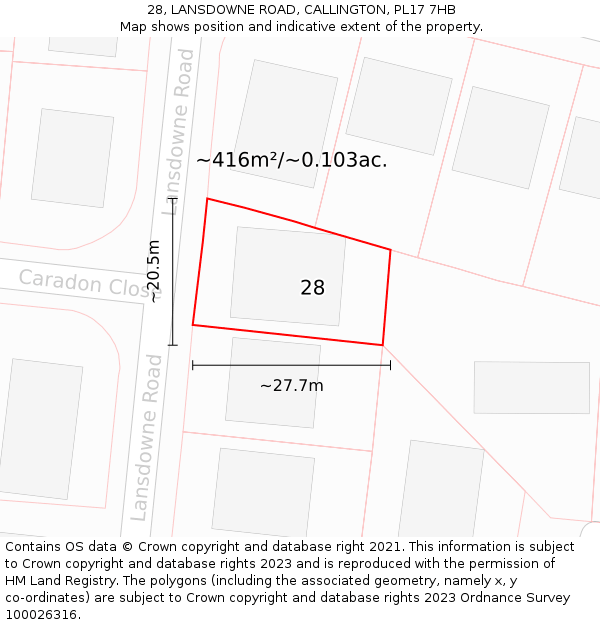 28, LANSDOWNE ROAD, CALLINGTON, PL17 7HB: Plot and title map