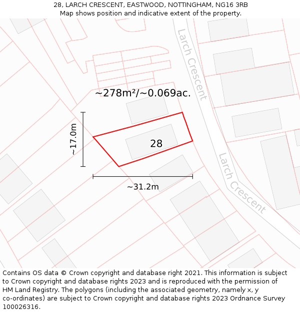 28, LARCH CRESCENT, EASTWOOD, NOTTINGHAM, NG16 3RB: Plot and title map