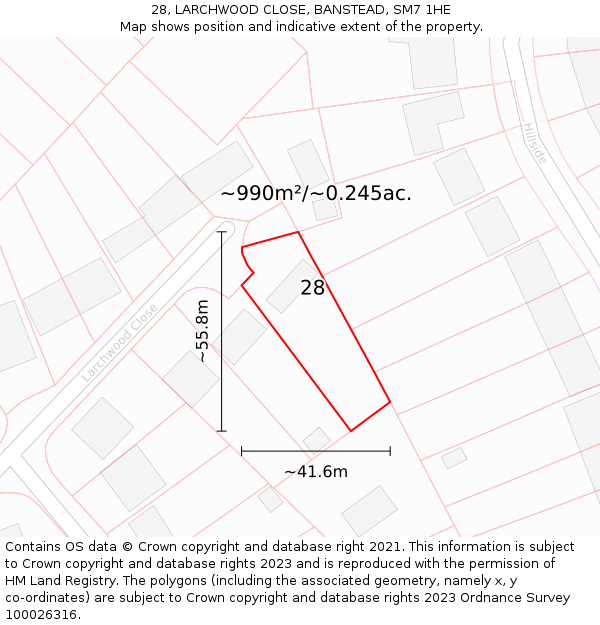 28, LARCHWOOD CLOSE, BANSTEAD, SM7 1HE: Plot and title map