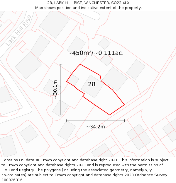 28, LARK HILL RISE, WINCHESTER, SO22 4LX: Plot and title map