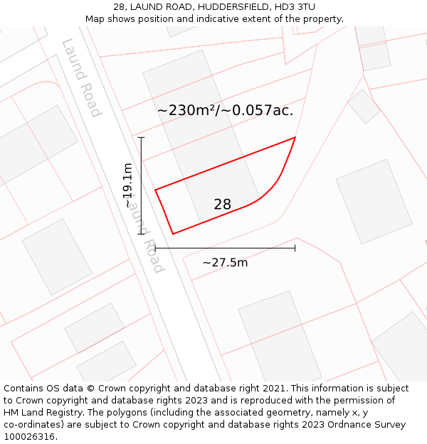 28, LAUND ROAD, HUDDERSFIELD, HD3 3TU: Plot and title map