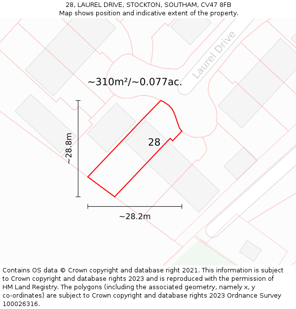 28, LAUREL DRIVE, STOCKTON, SOUTHAM, CV47 8FB: Plot and title map