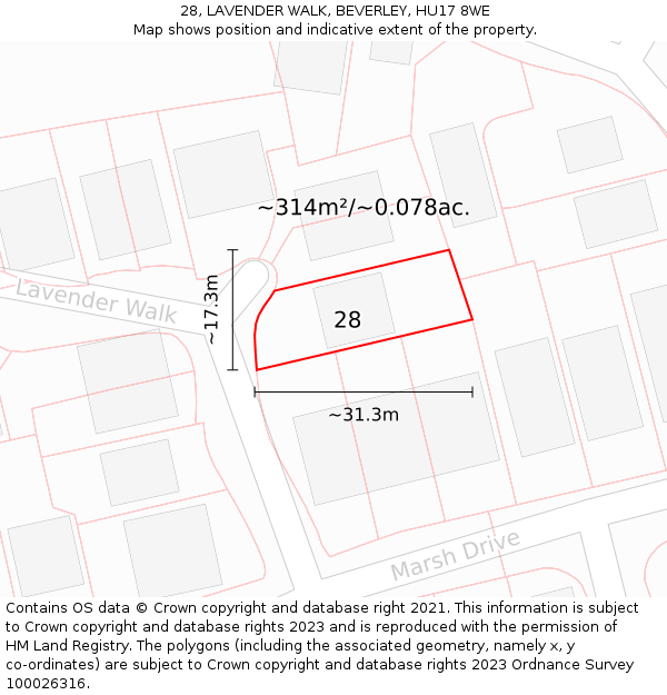 28, LAVENDER WALK, BEVERLEY, HU17 8WE: Plot and title map