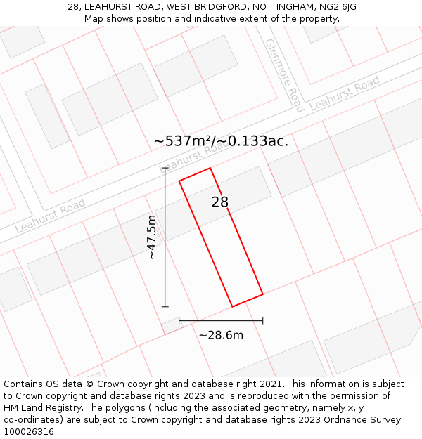 28, LEAHURST ROAD, WEST BRIDGFORD, NOTTINGHAM, NG2 6JG: Plot and title map