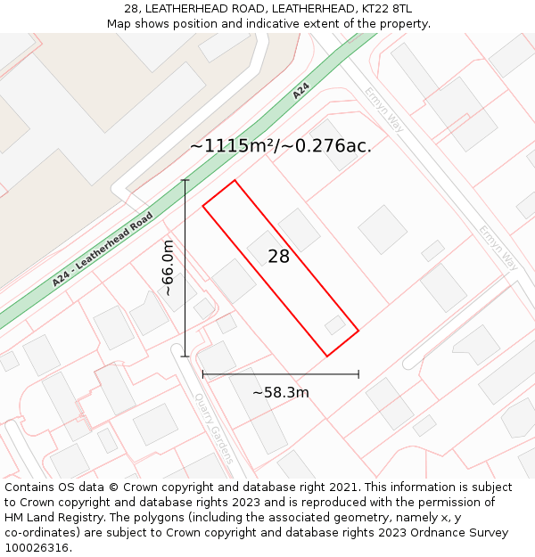 28, LEATHERHEAD ROAD, LEATHERHEAD, KT22 8TL: Plot and title map