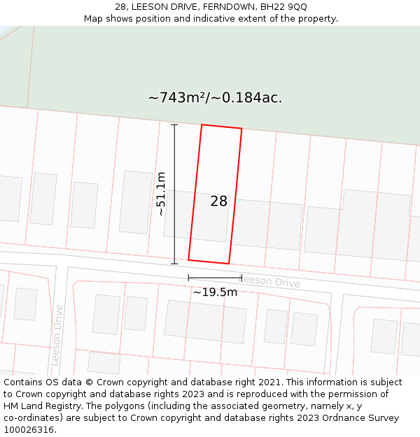 28, LEESON DRIVE, FERNDOWN, BH22 9QQ: Plot and title map