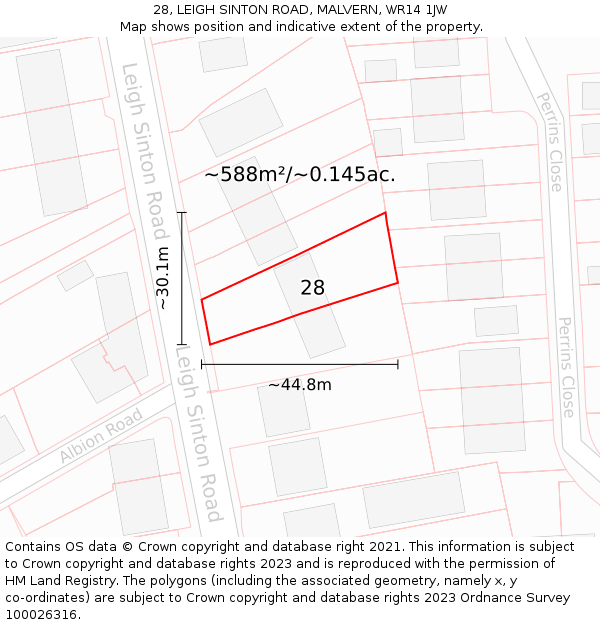 28, LEIGH SINTON ROAD, MALVERN, WR14 1JW: Plot and title map