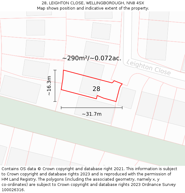 28, LEIGHTON CLOSE, WELLINGBOROUGH, NN8 4SX: Plot and title map