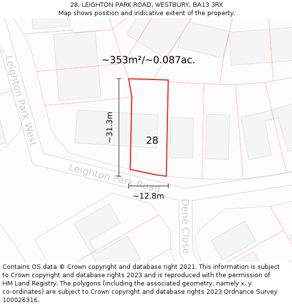 28, LEIGHTON PARK ROAD, WESTBURY, BA13 3RX: Plot and title map