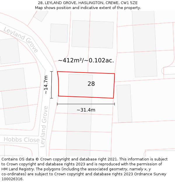 28, LEYLAND GROVE, HASLINGTON, CREWE, CW1 5ZE: Plot and title map